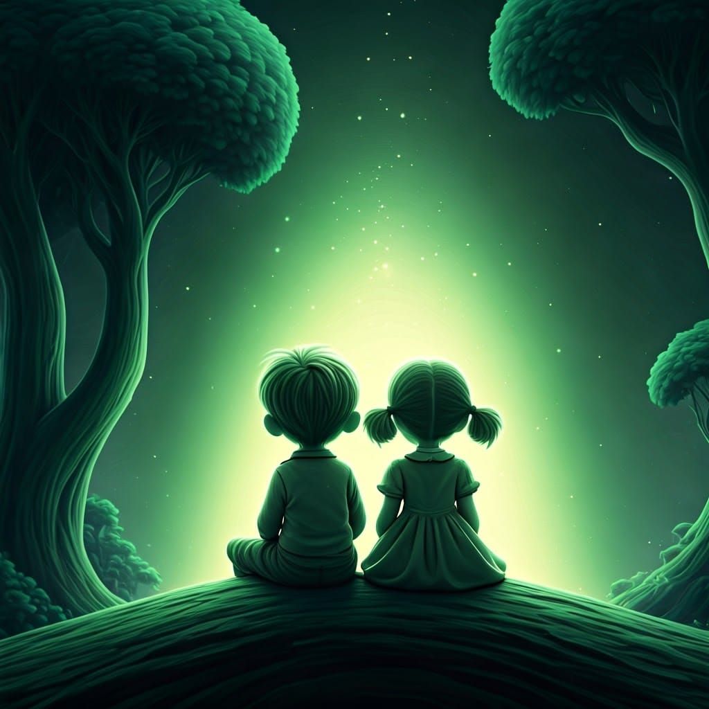 Monochromatic Green Magical Landscape with Children
