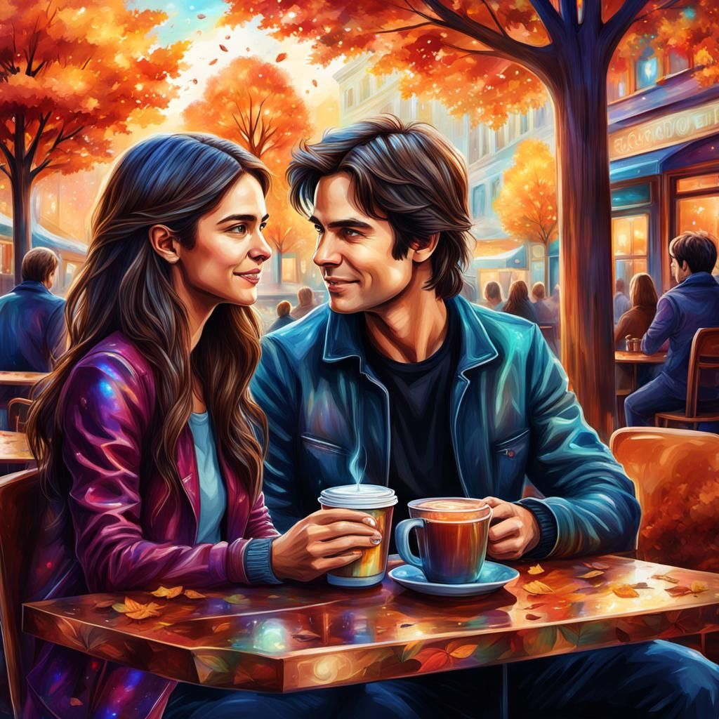 Damon and Elena Share Coffee: Astral Illustration