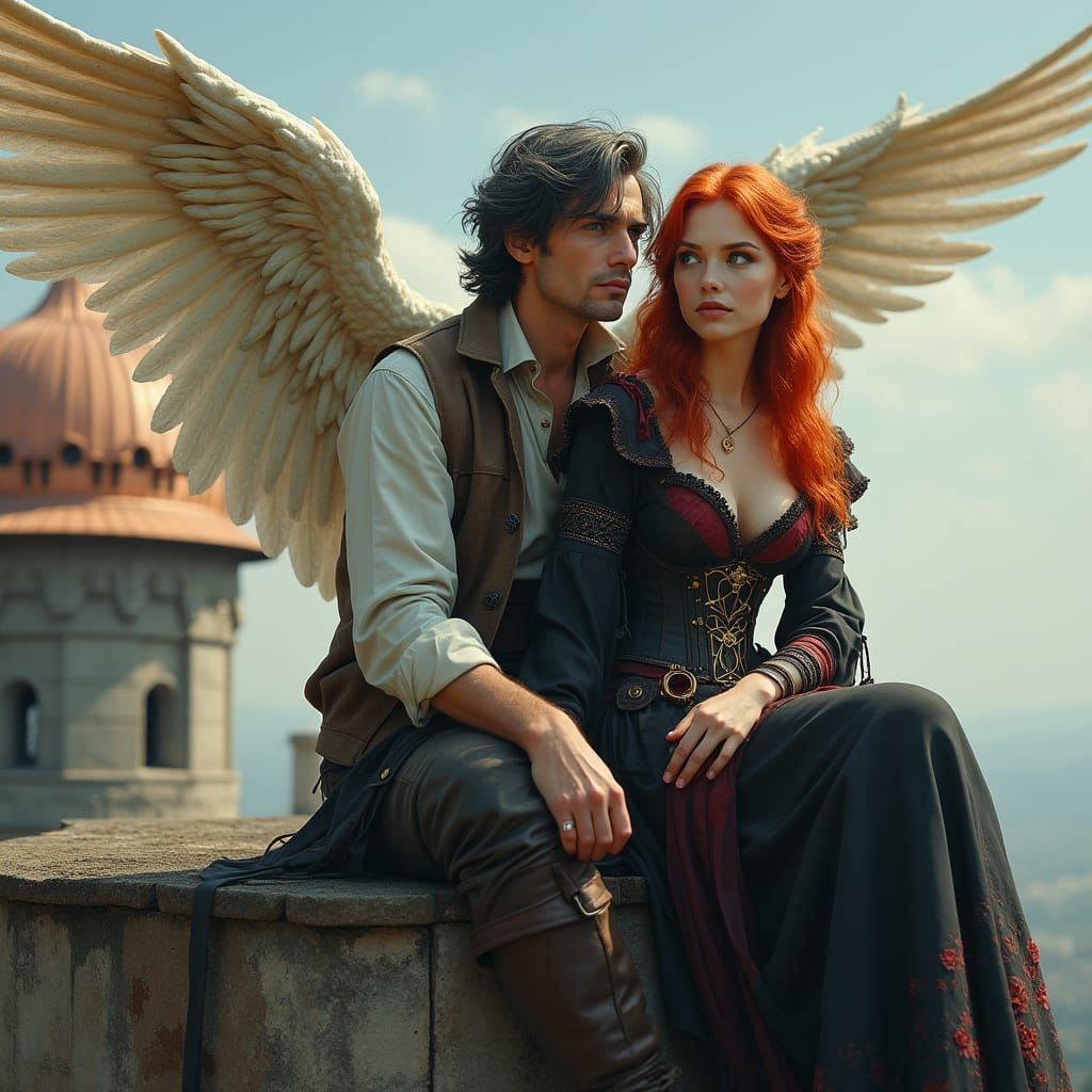 Ethereal Gentleman with Angel Wings and Steampunk Witch