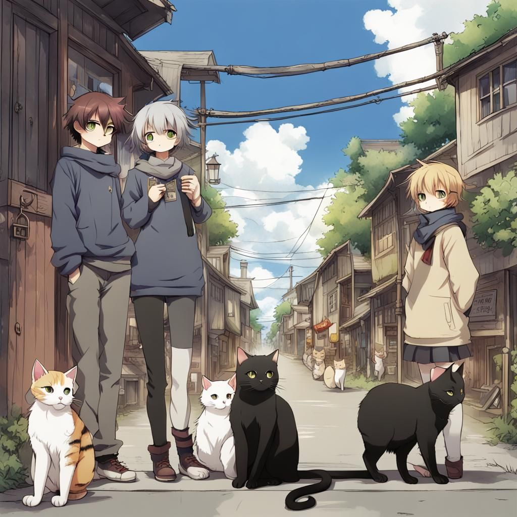 Cats and Mice in Anime-Style Village Street