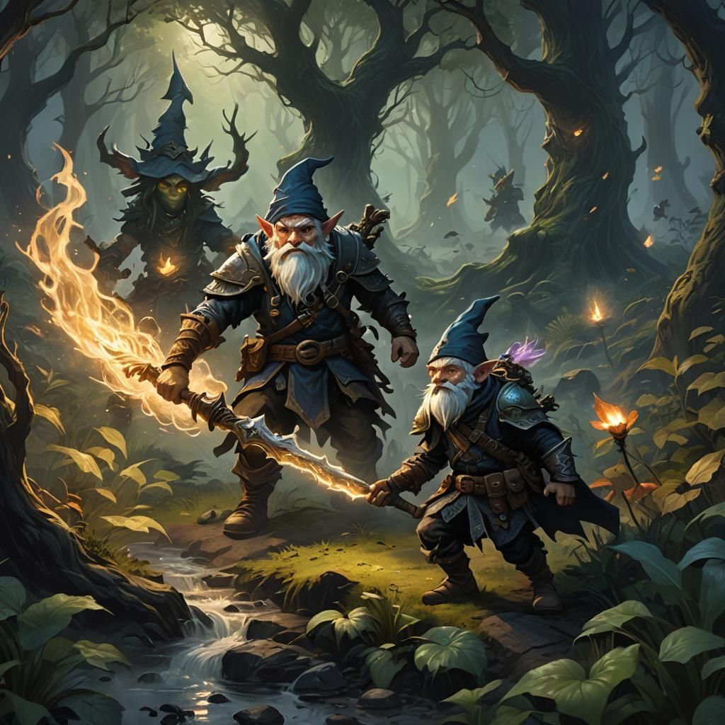 Gnome Ranger vs Dwalvine Mage in Dark Fantasy Art