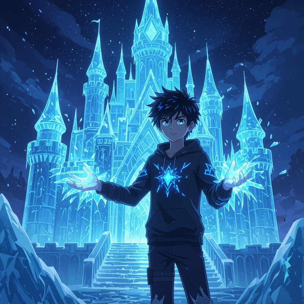 Teenage Boy With Ice Powers Beside Majestic Ice Castle