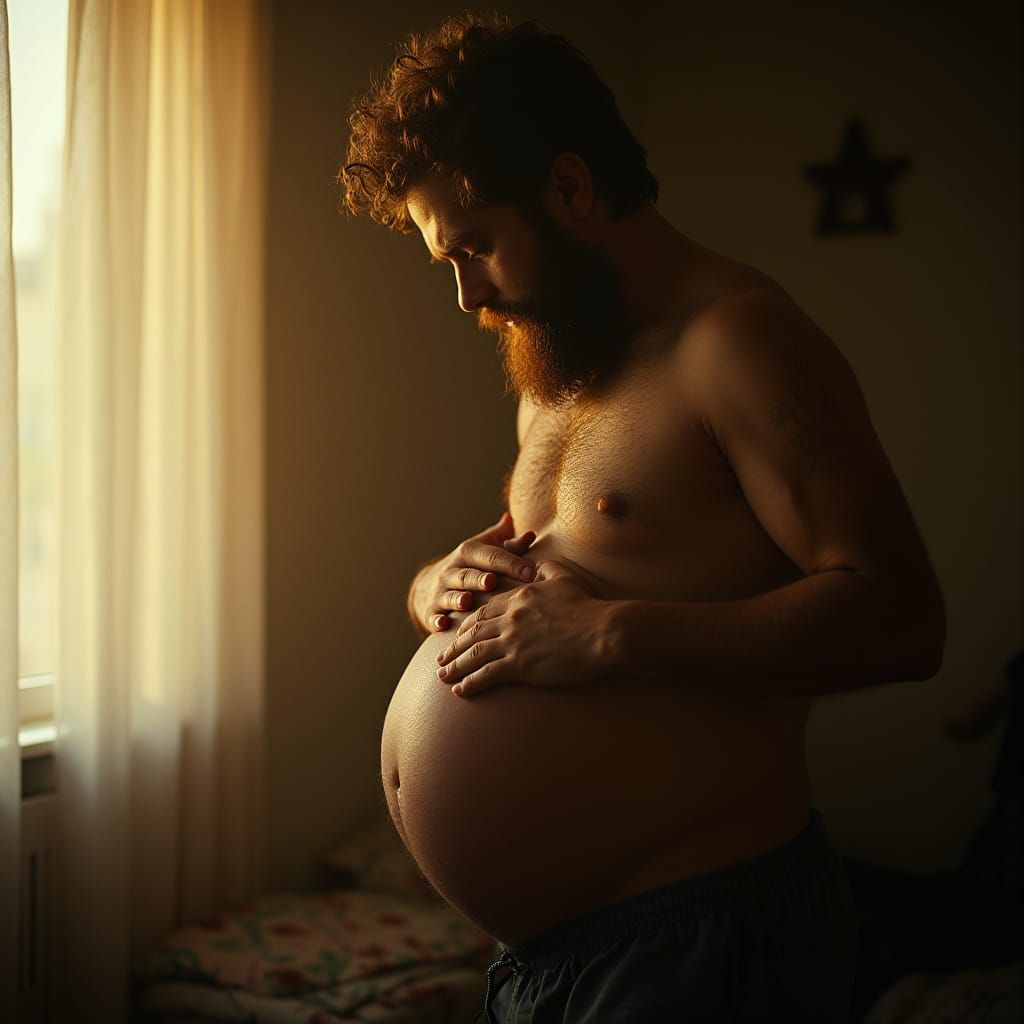 Realistic Pregnant Man Rubbing Belly in Cinematic Style