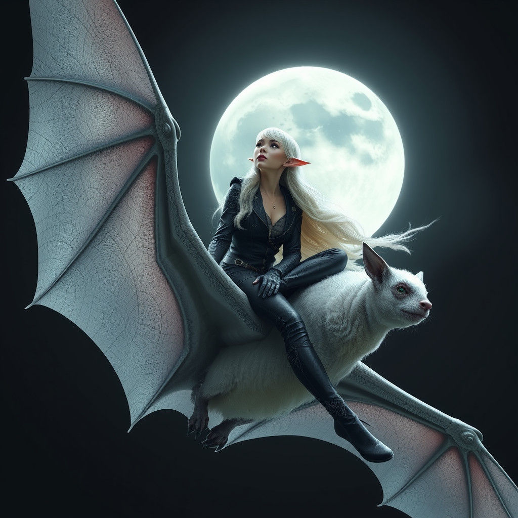 Elf Maiden on White Bat Under Moonlit Sky
