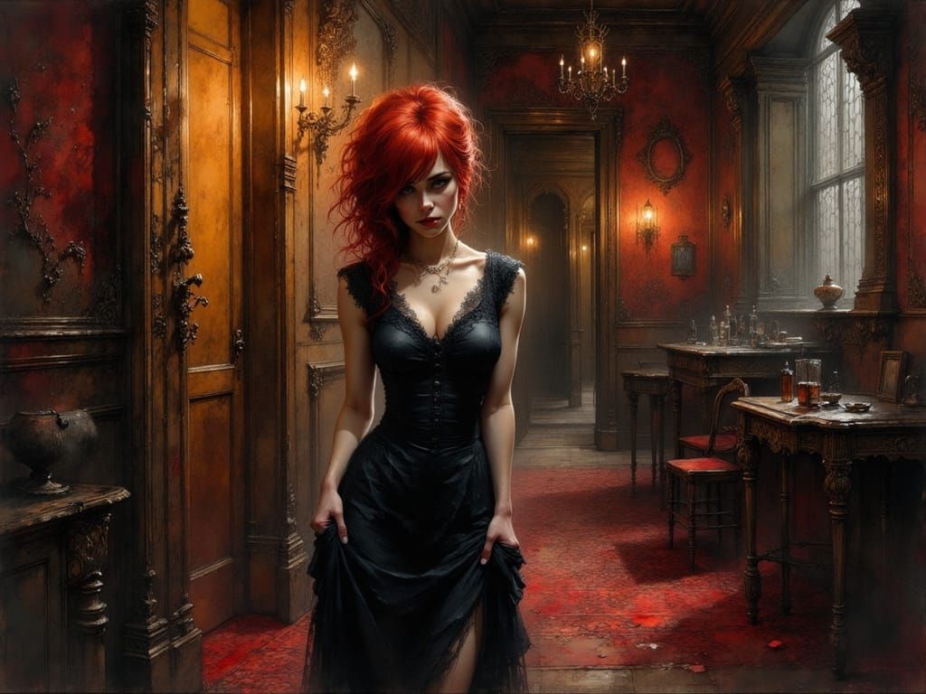 Vampire Queen Frustrated by Lost Keys in Gothic Hallway