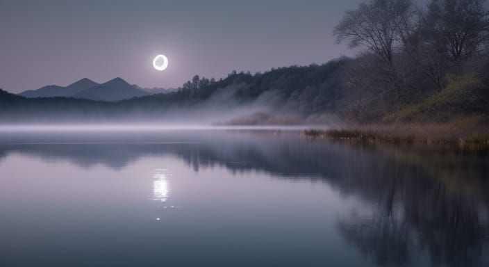 Late night moon over a placid lake