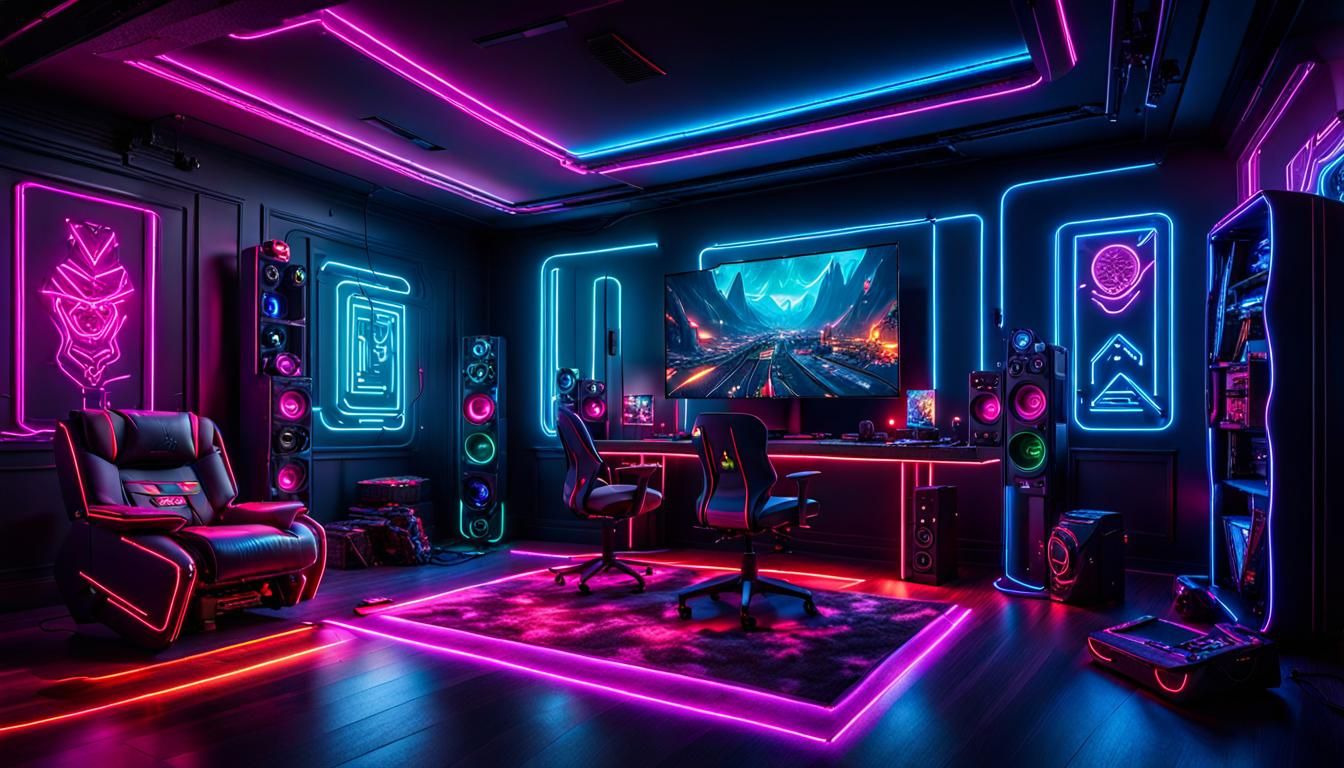 Hyperrealistic Gaming Room with Neon Lighting