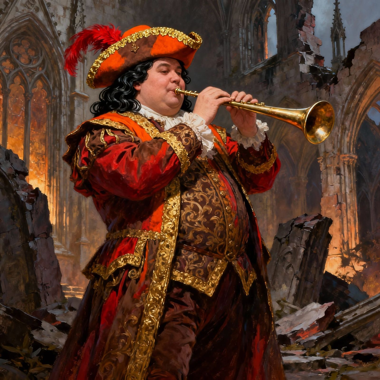 Fantasy Trumpeter in Ornate Outfit Amid Gothic Ruins