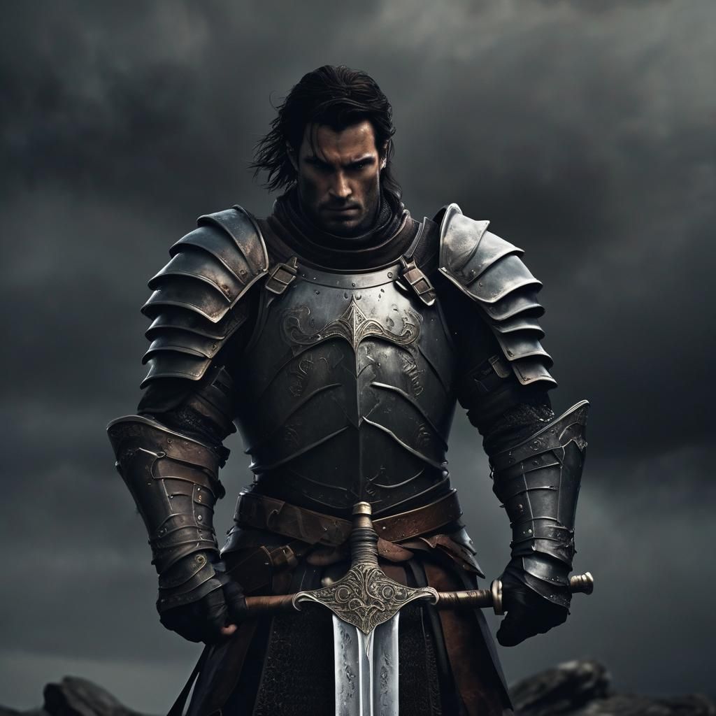 Armored Warrior with Sword in Dark Fantasy Style