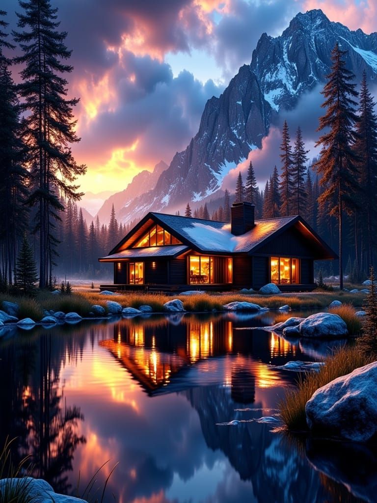 Nordic Cabin Bathed in Triadic Sunset Colors