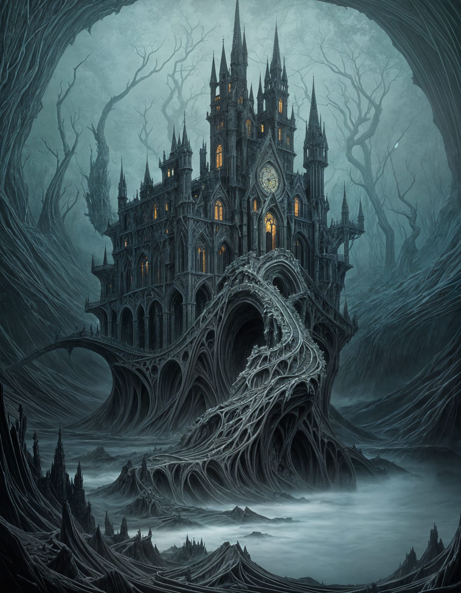 Surreal Gothic Castle Rises from Dark Waters