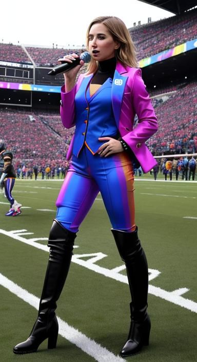 Sideline Reporter in Rainbow Suit at Football Game