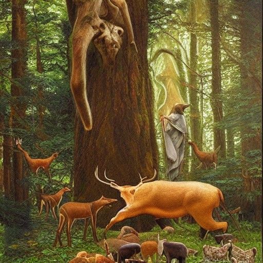 Forest God with Animals in Oil Painting Style
