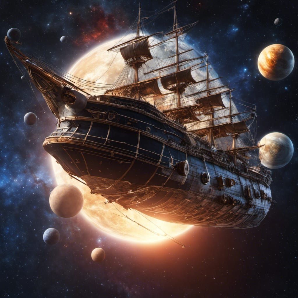 Sailing Ship Soaring Through a Starry Galaxy