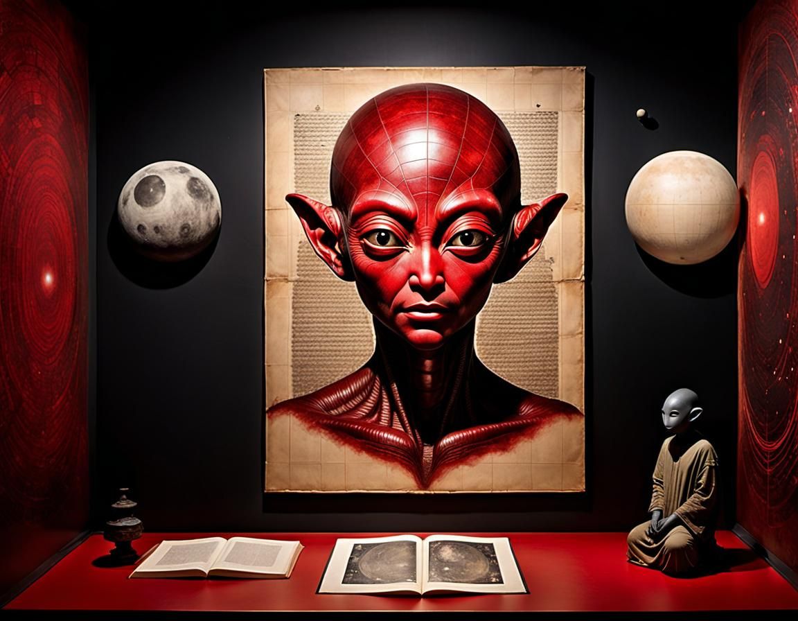 Alien Portrait in Spaceship, Red Ink Print