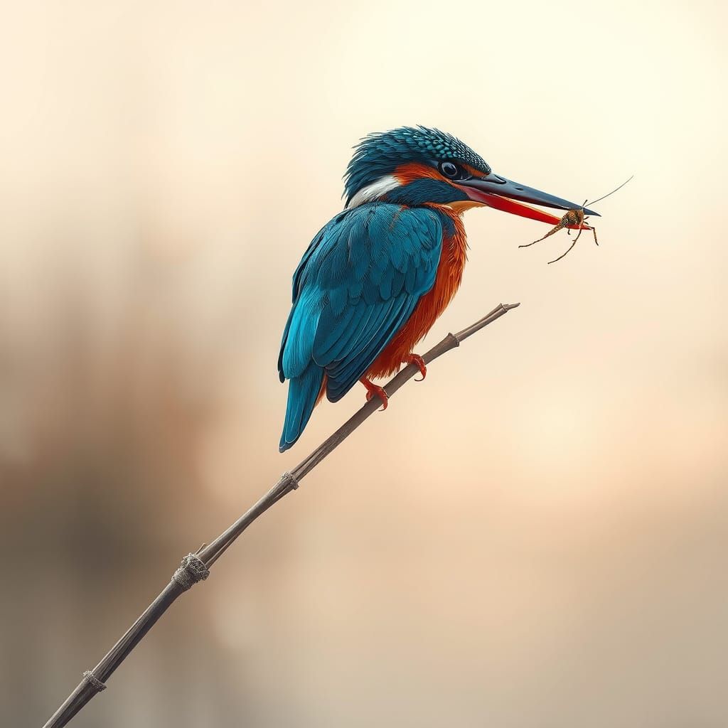 Kingfisher Perched Above Misty Pond in Surreal Style
