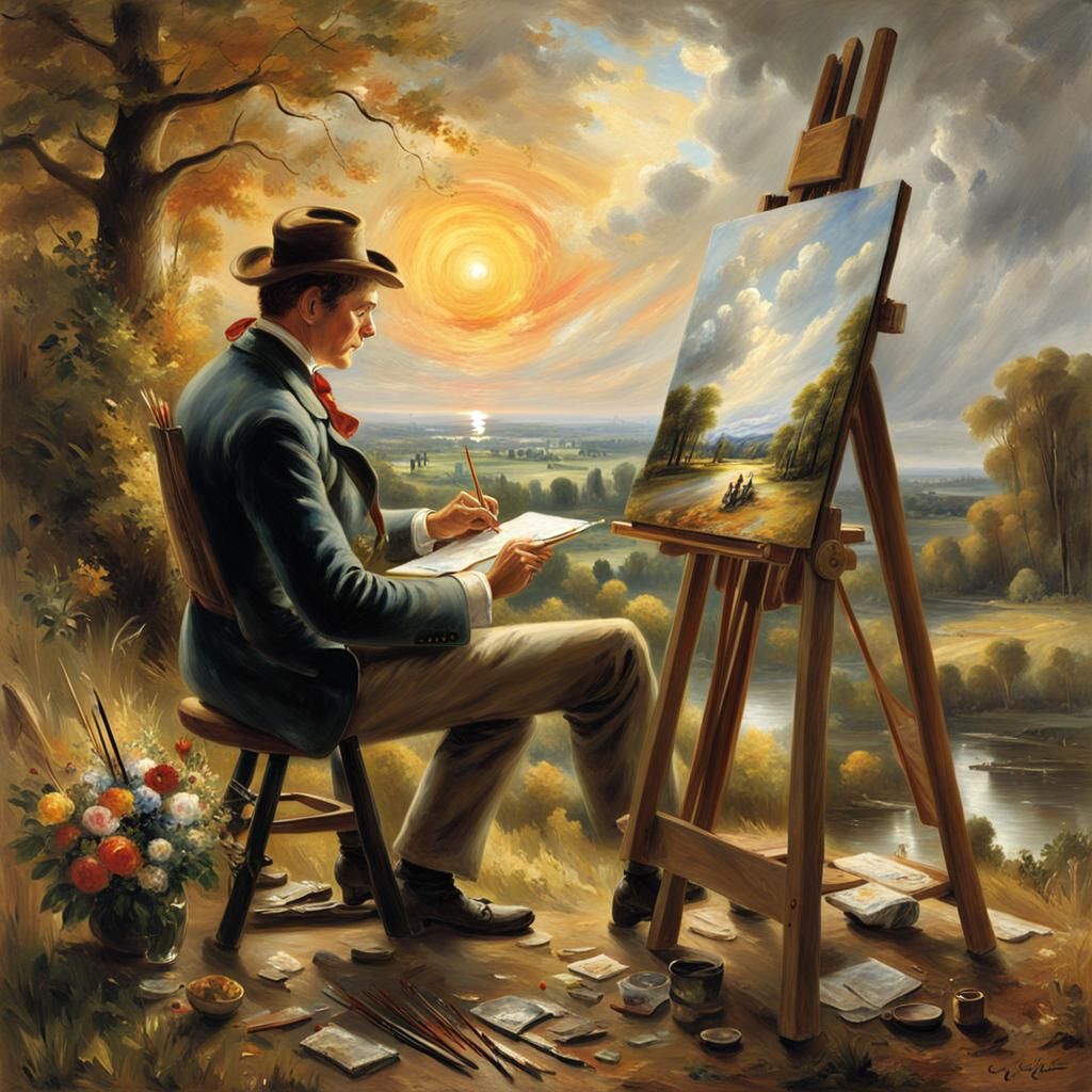 Painter In Sunlit Landscape Writes "Masterpiece"