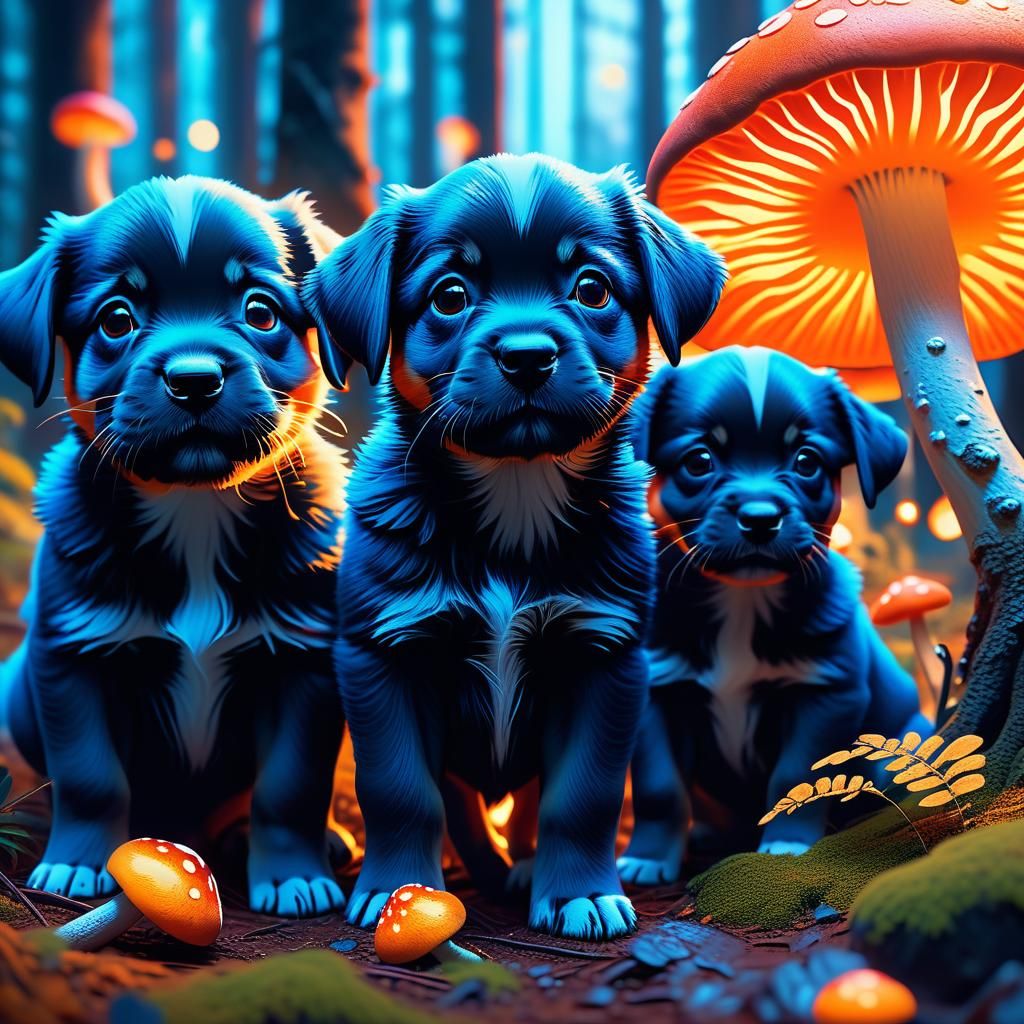 Playful Puppies in Mystical Forest: Fantasy Concept Art