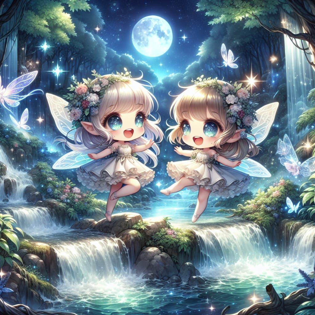 Chibi Fairies Play by Moonlight Waterfall