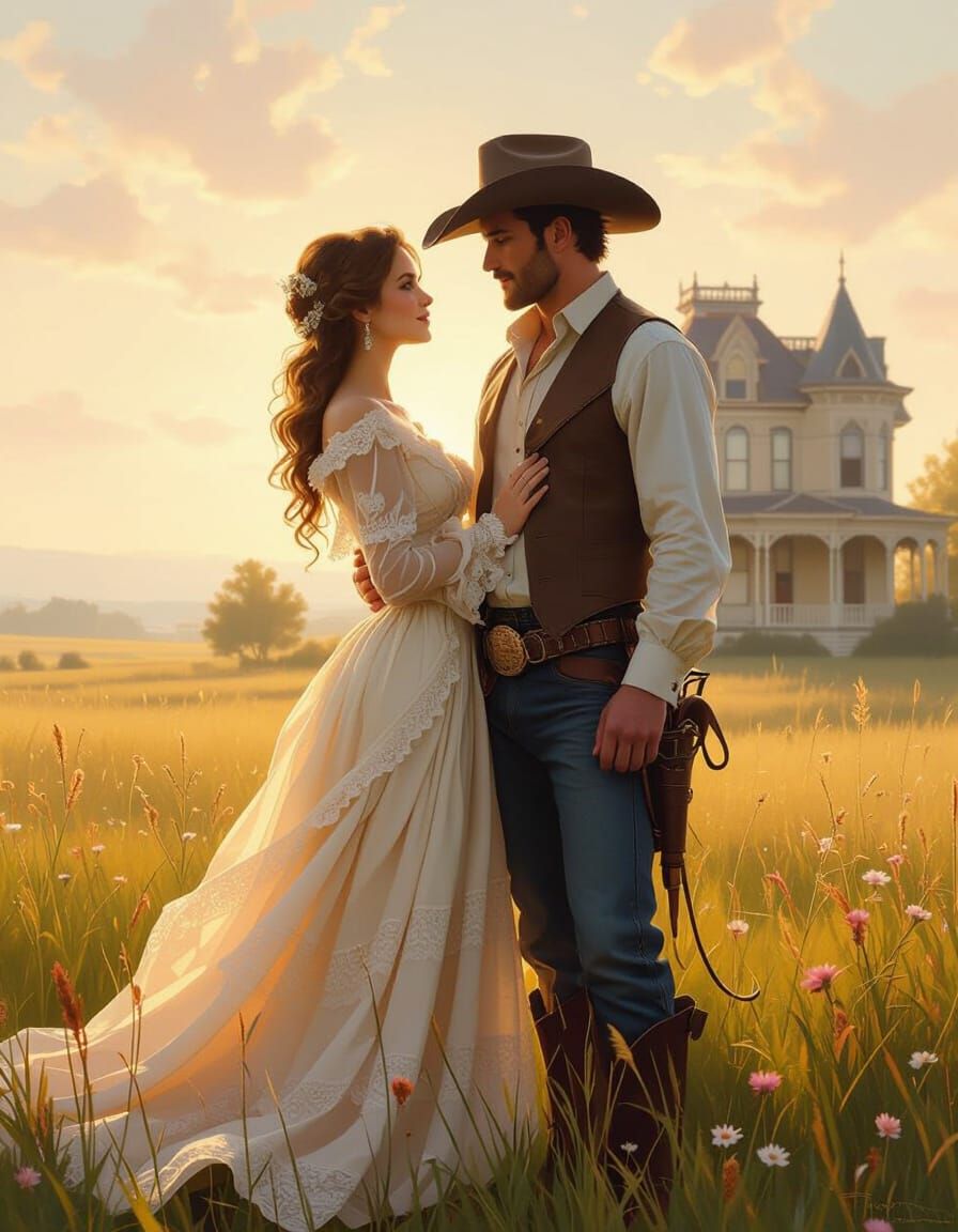 Victorian Woman and Cowboy Romance in Oil Painting Style