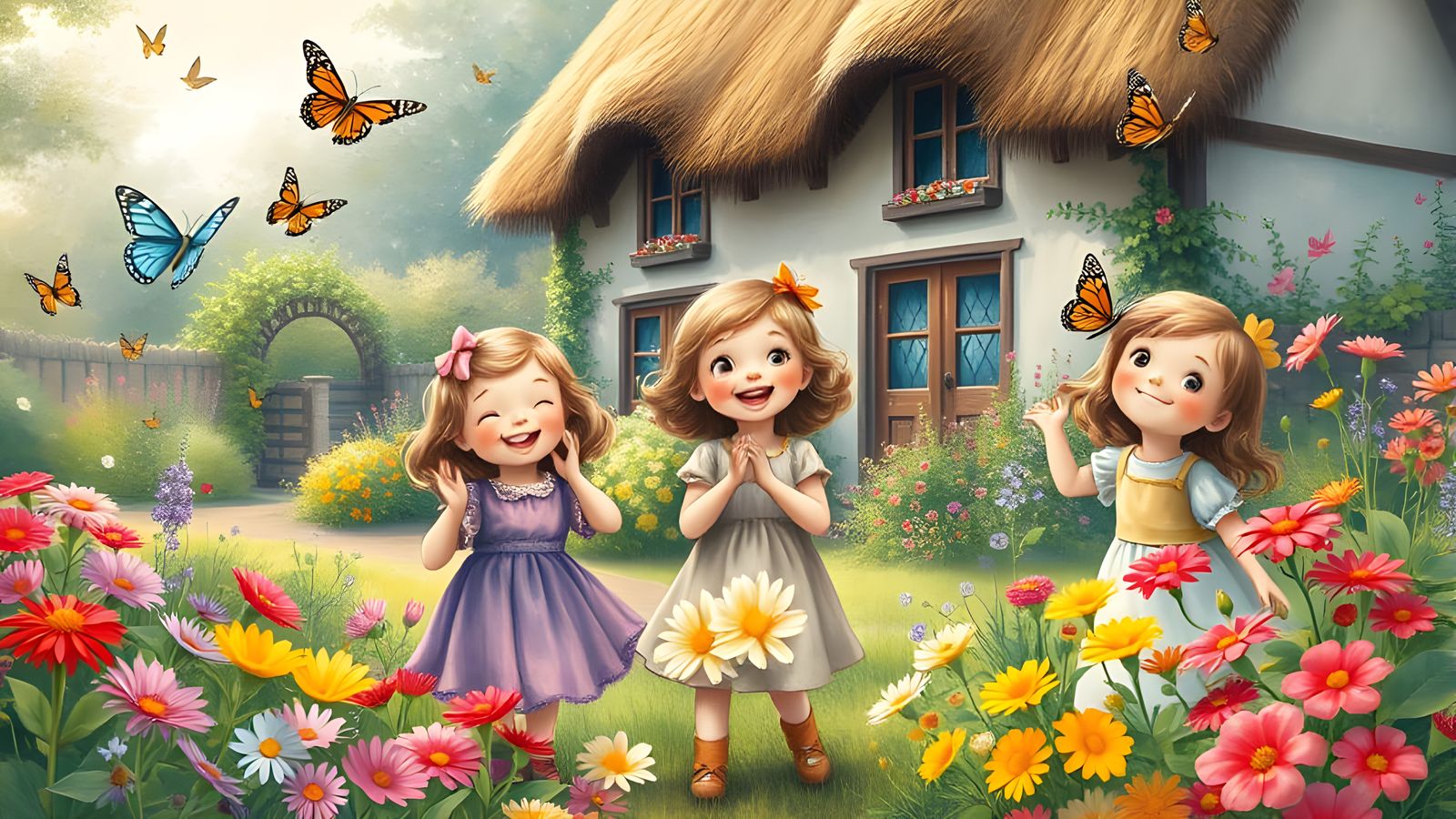 Children's Joy in a Sunny Garden Landscape