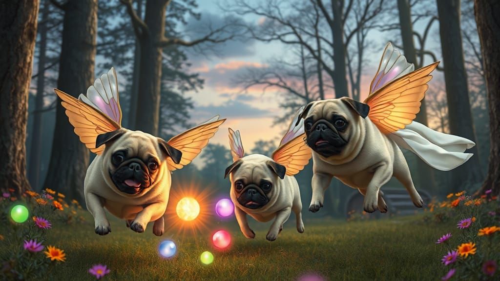 Flying Pugs Chase Magical Lights in Forest Clearing