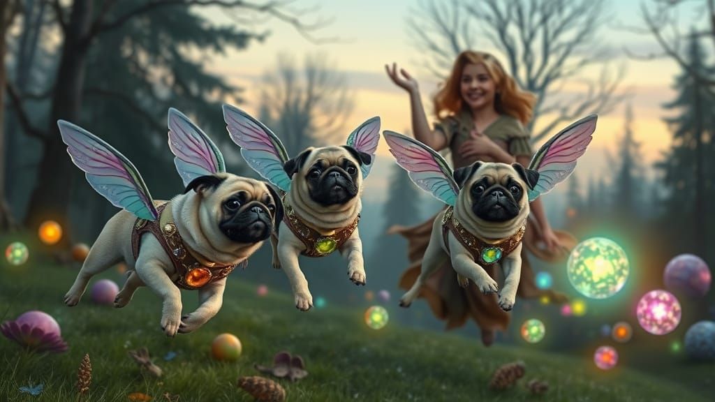 Flying Pugs in Whimsical Forest, Ethereal Lighting