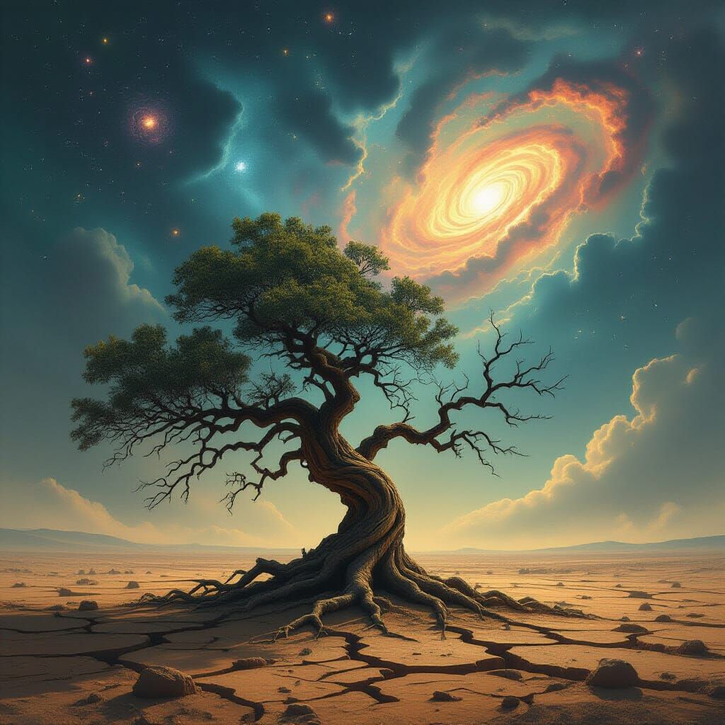 Ancient Tree on Cosmic Plain in Dark Fantasy Style