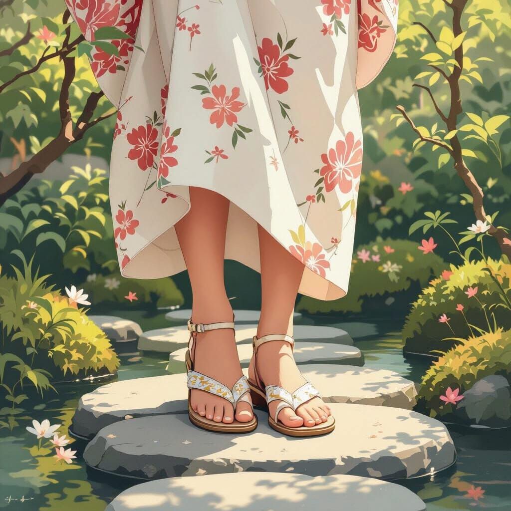 Elegant Asian Woman in Japanese Garden, Digital Painting