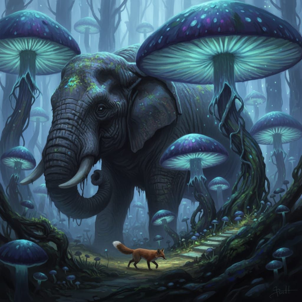 Elephant Camouflaged Among Giant Bioluminescent Mushrooms
