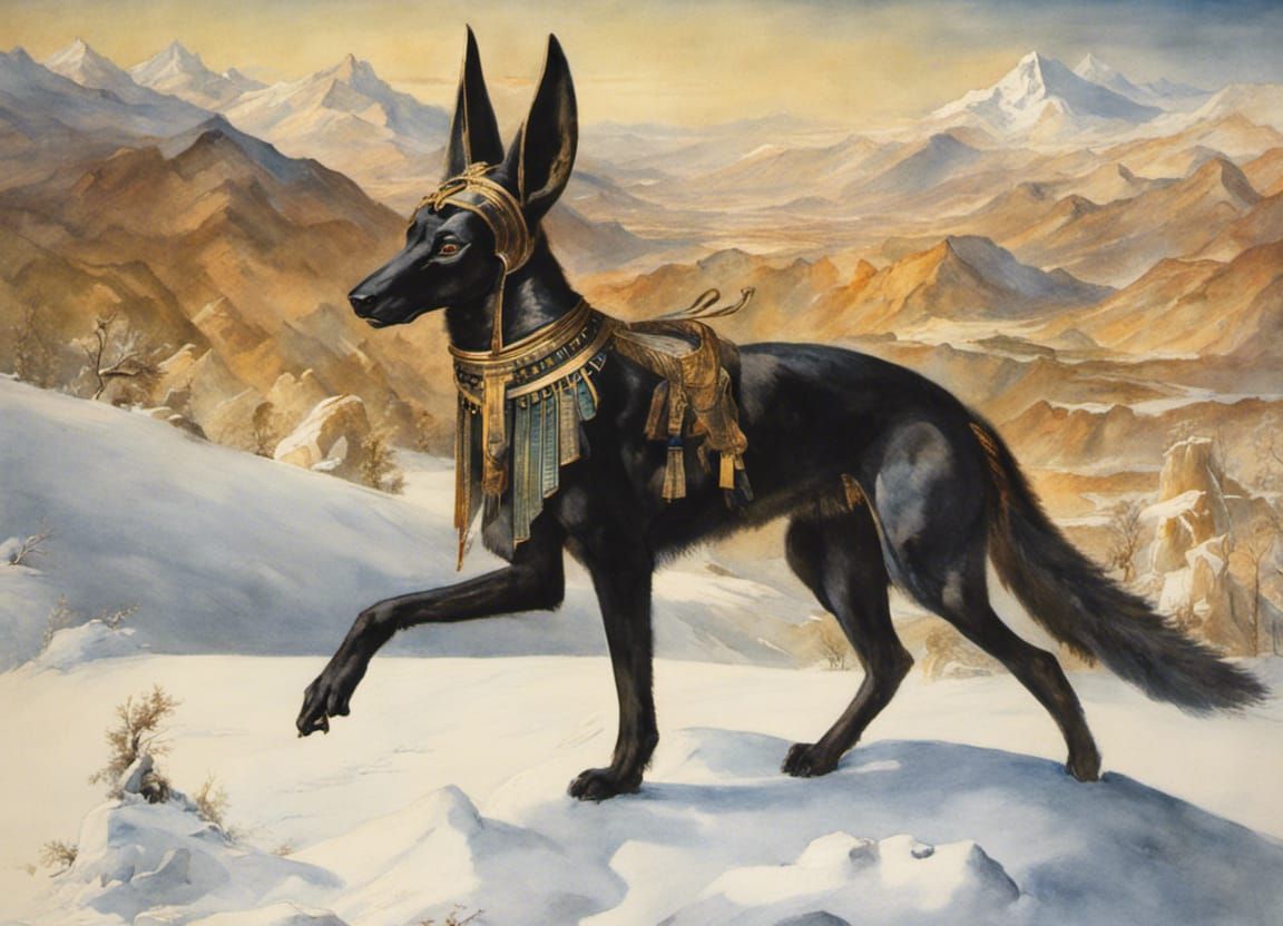 Anubis in Snow, Watercolor Painting