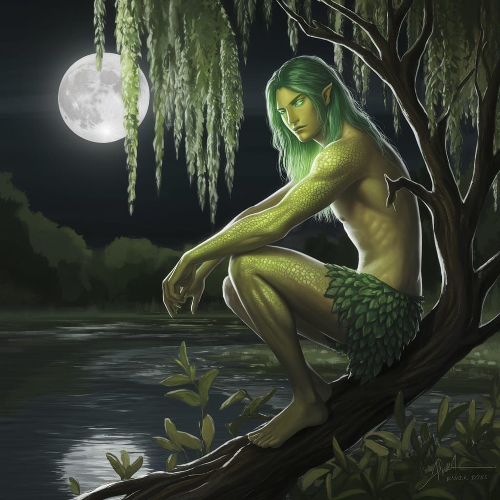 Ethereal Moonlit Scene of a Green-Haired Man by the Willow T...