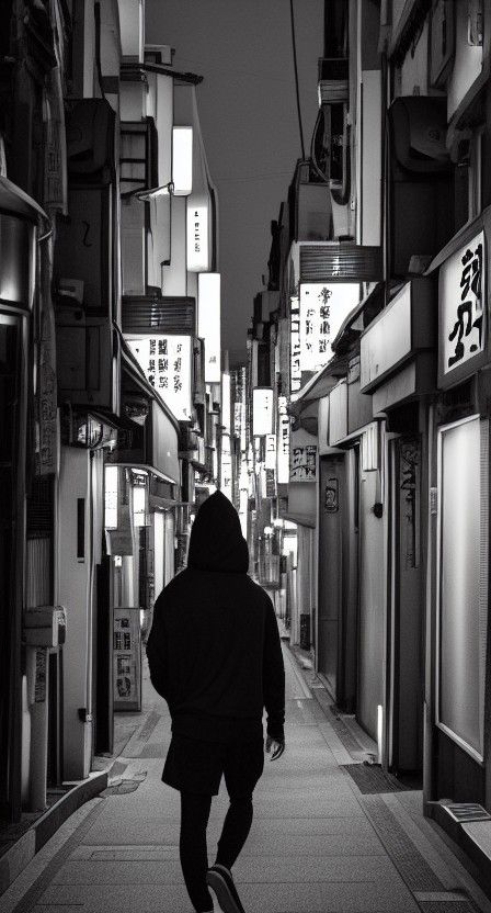 Dark Tokyo Street with Stores and Figure