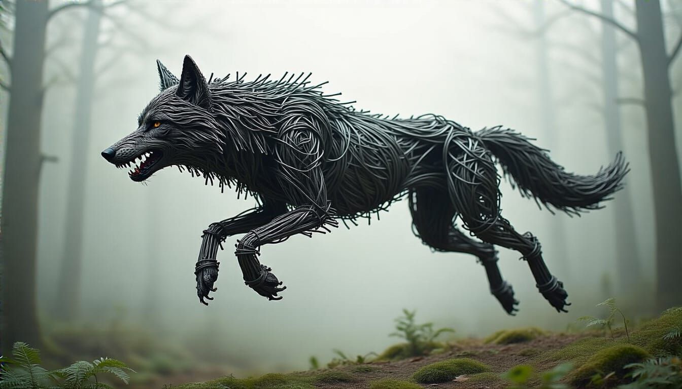 Leaping Wolf Wire Sculpture in Industrial Organic Style