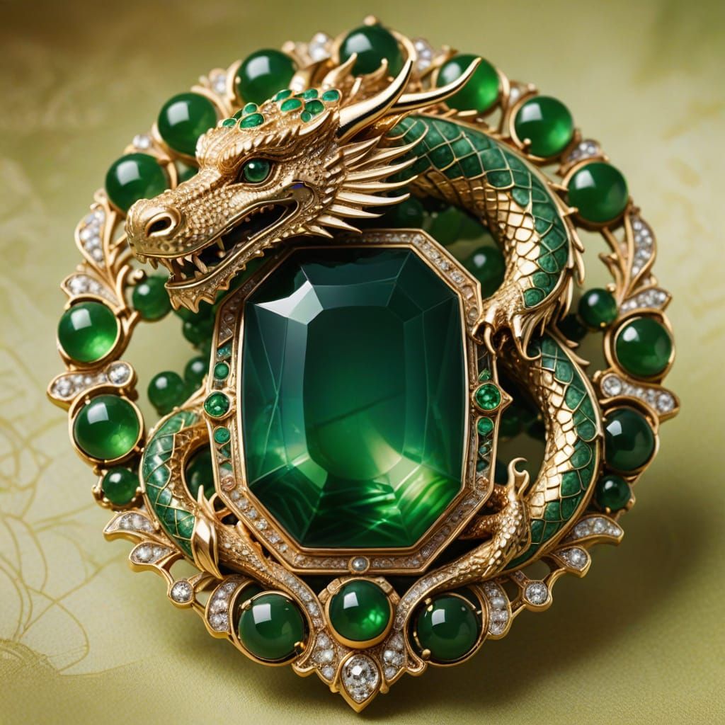 Art Deco Jade Dragon Brooch in Emerald and Gold