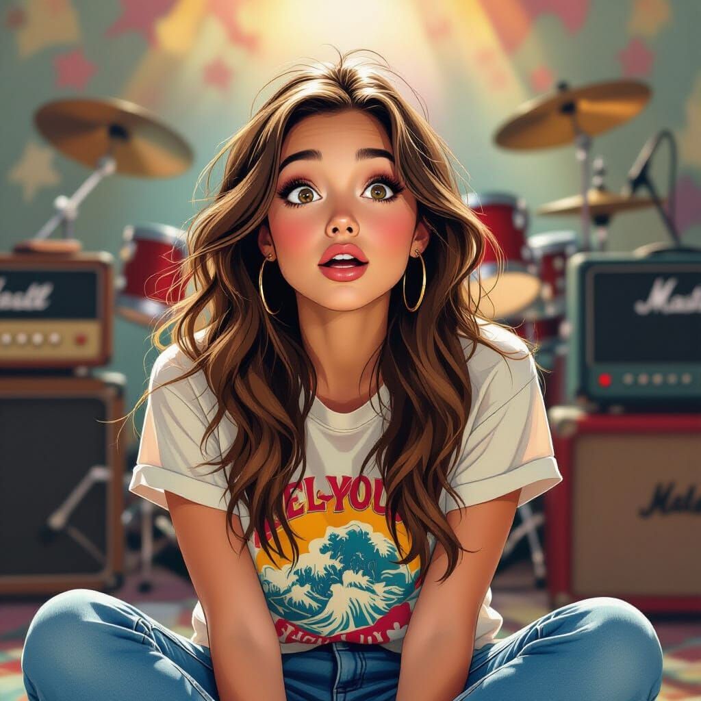 Surprised Girl in Vintage Rock Tee, Whimsical Airbrush Style