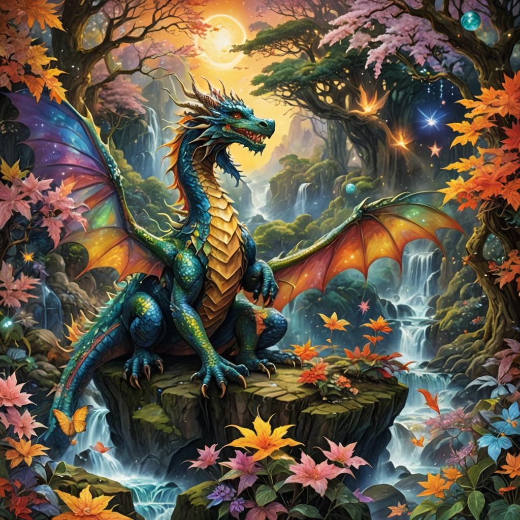 Colorful Dragon in a Maximalist Landscape