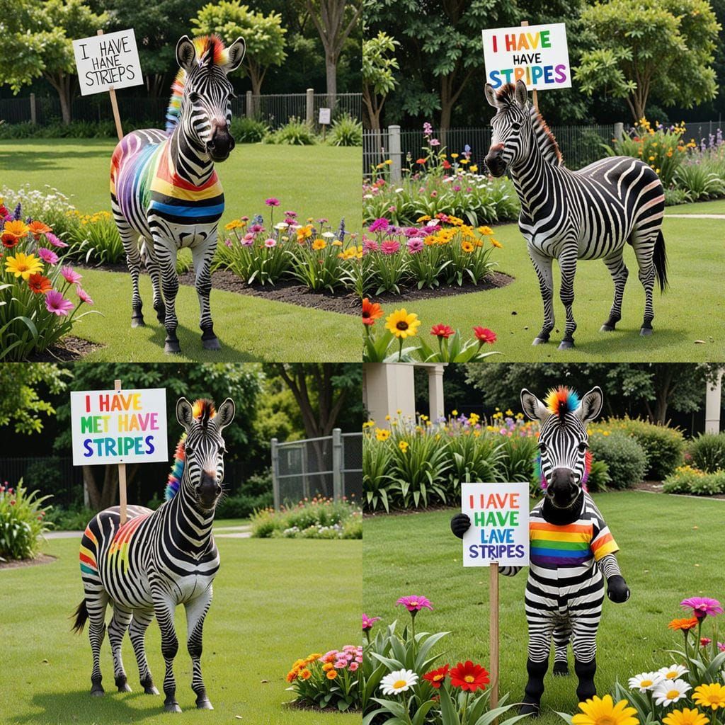 Zebra in Colorful Prison Stripes with a Humorous Sign