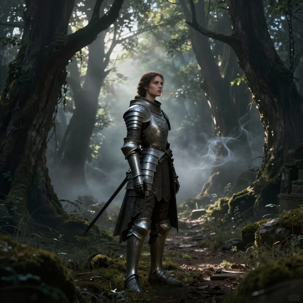 Female Knight in Misty Forest, Dark Fantasy Concept Art