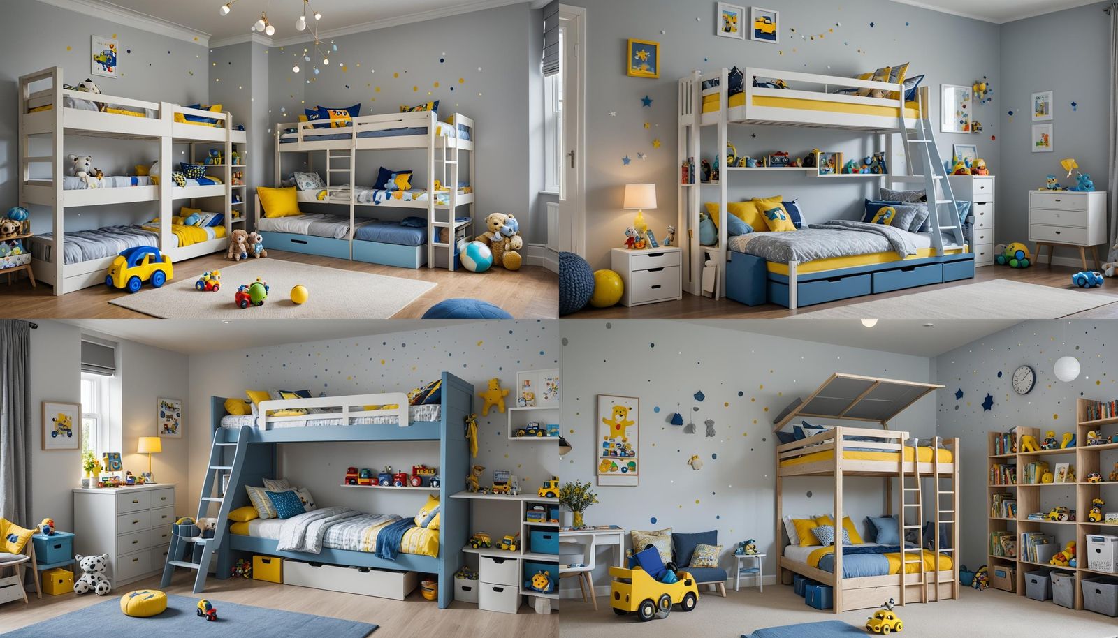 Airy Kid's Bedroom with Bunk Beds and Toy Storage