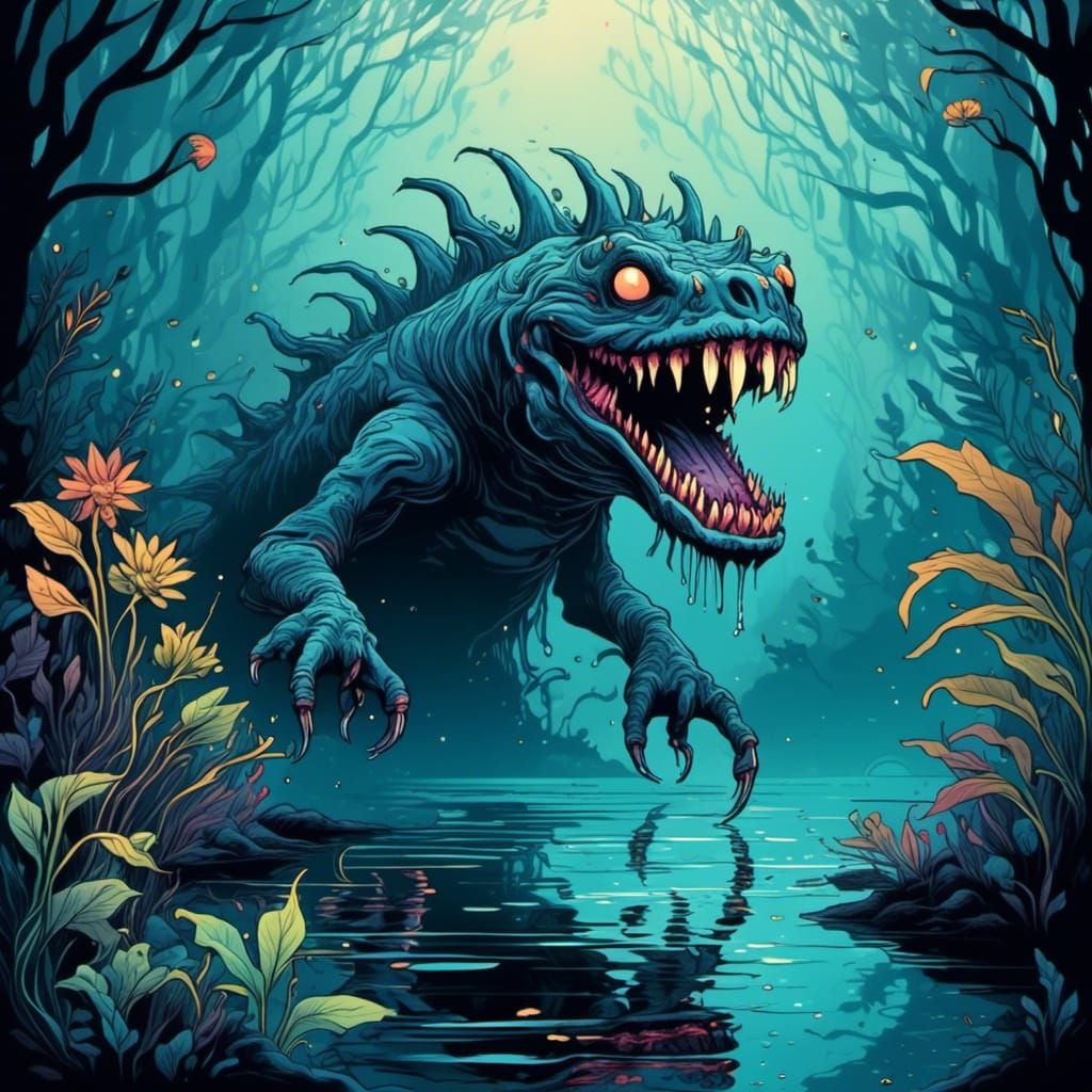 Scary Shadow Monster in Misty Line Art Style