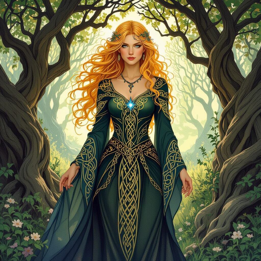 Celtic Sorceress in Hidden Grove, Art Nouveau Style