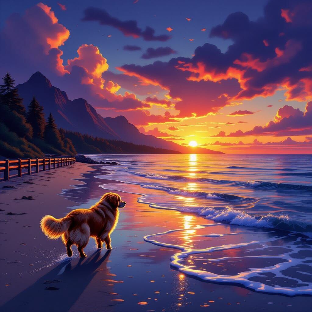 Golden Retriever on Vibrant Beach at Sunset
