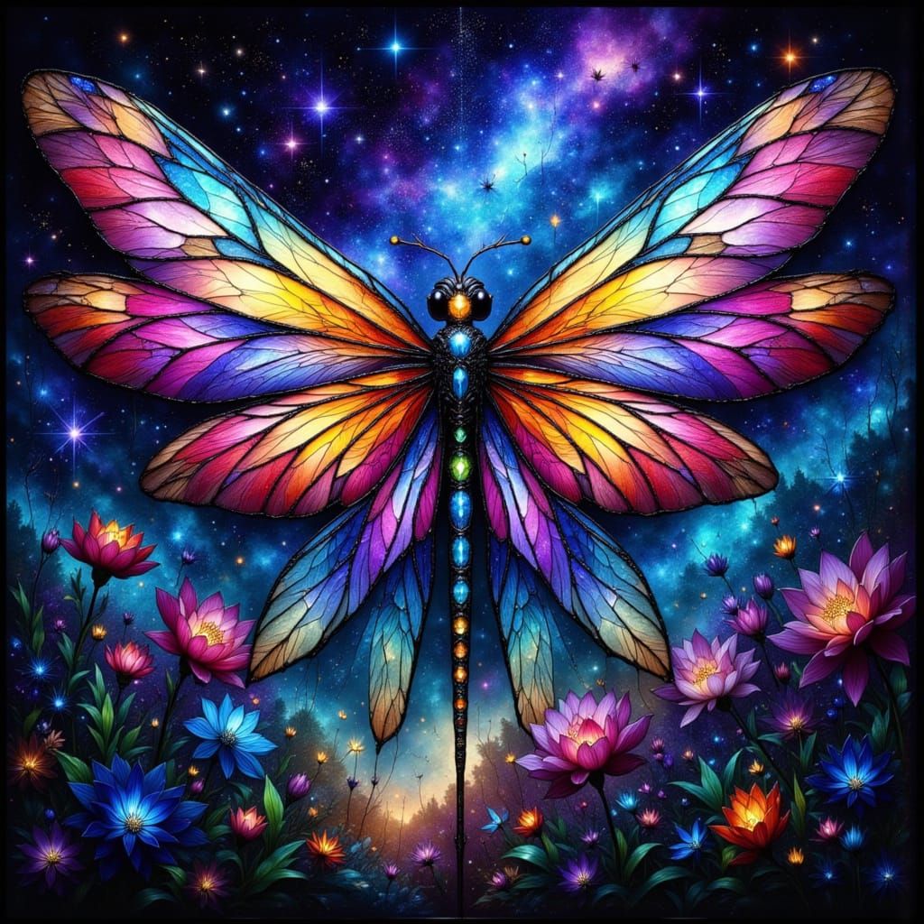 Stained Glass Dragonfly in Starry Cosmos