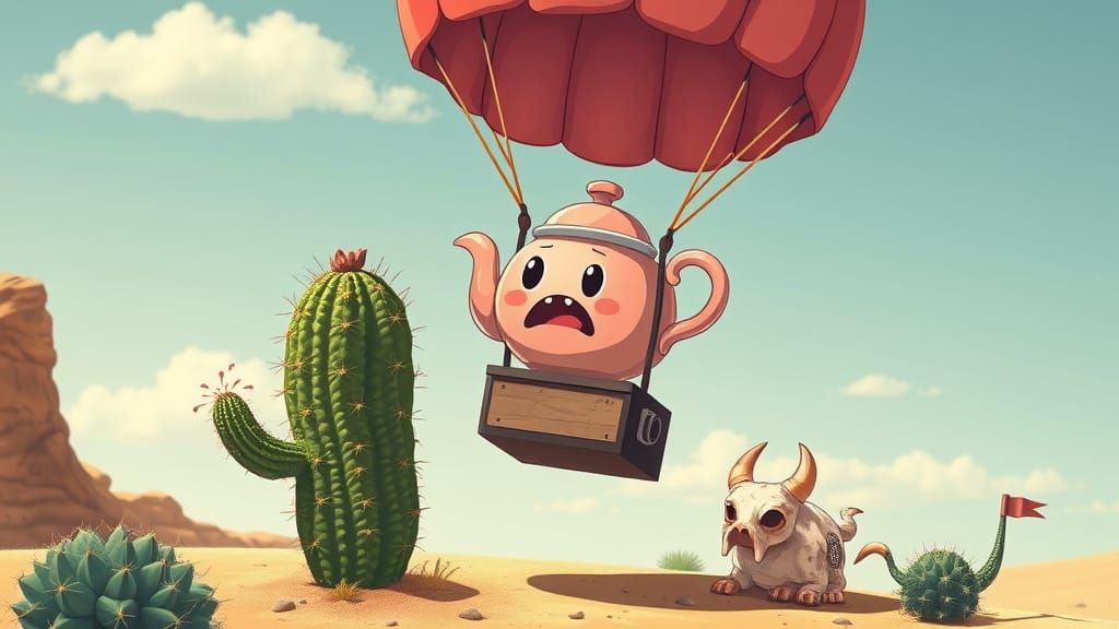 Kawaii Teapot's Desert Landing: A Whimsical Scene