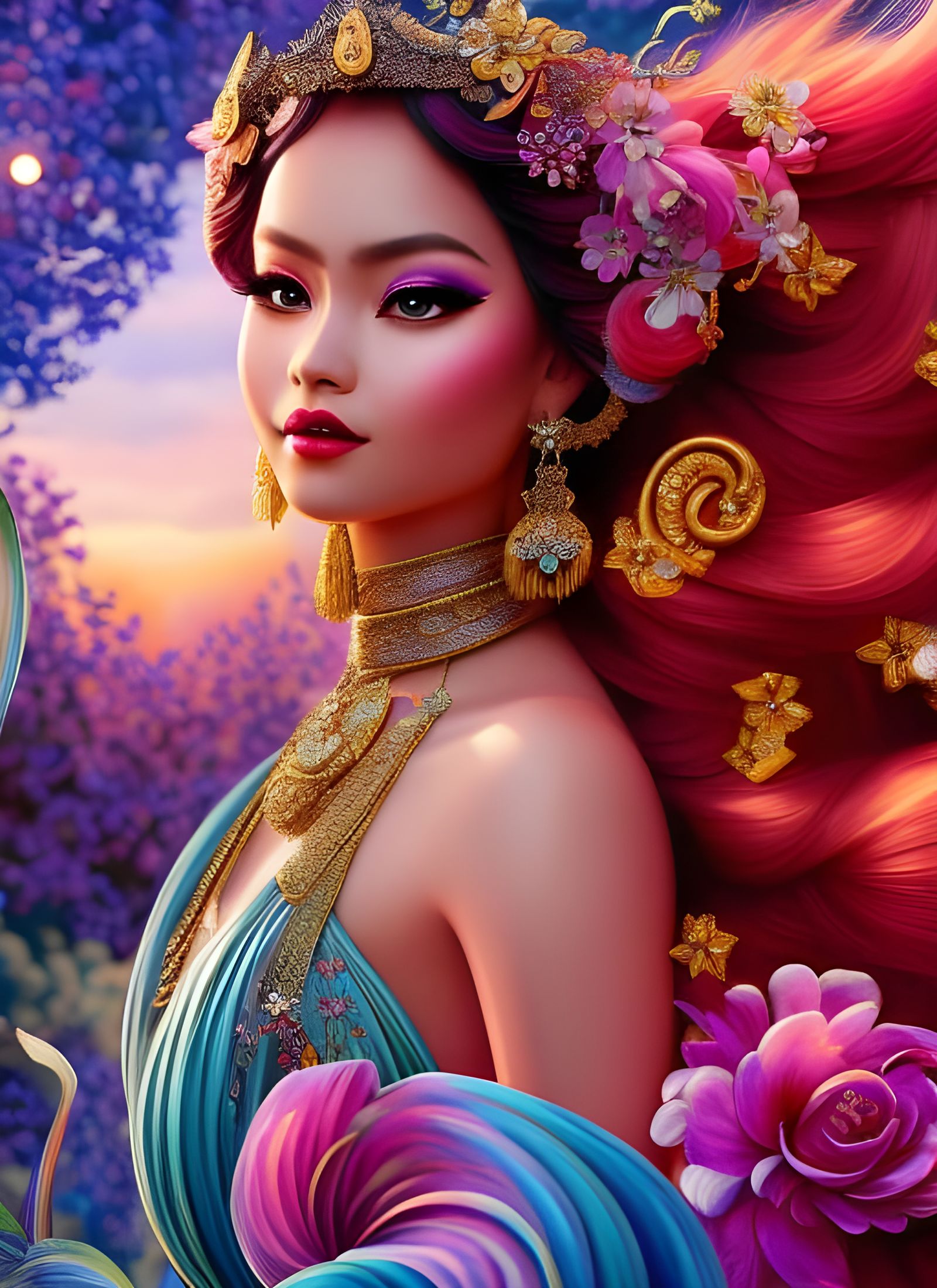 Hawaiian Goddess Blowing Bubbles in 3D Render