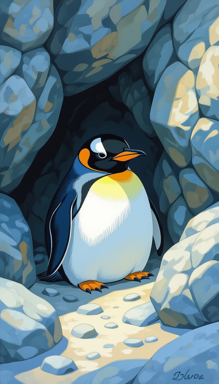 Cute Penguin Seeks Cool Cave Refuge in Digital Painting