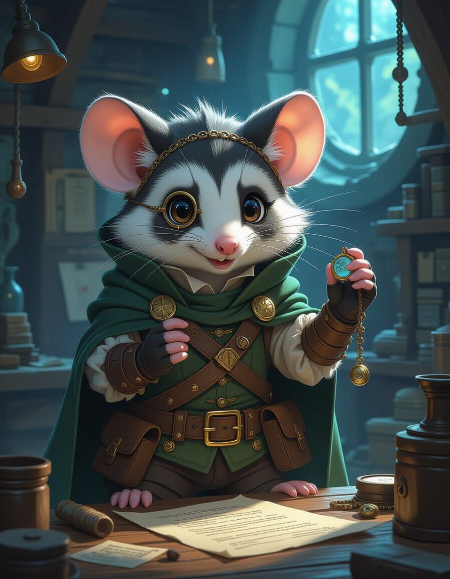 Anime Opossum Artificer in Dark Fantasy Workshop