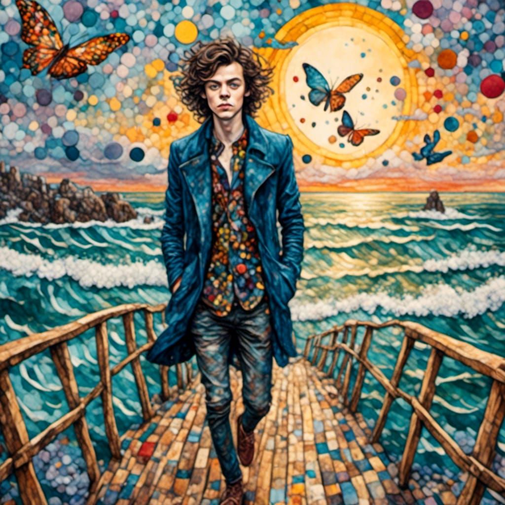 Harry Styles on Boardwalk in Klimt-Chagall Style