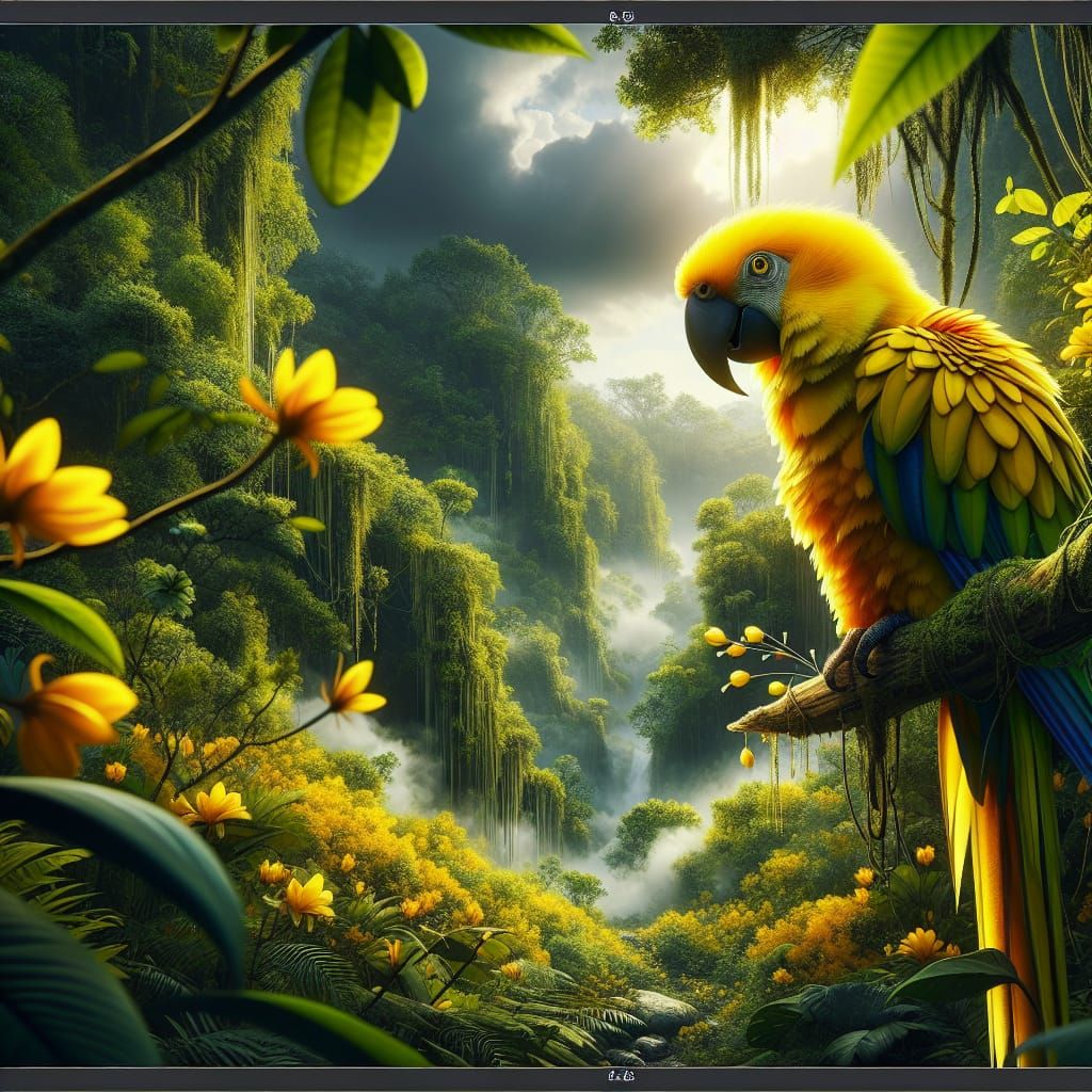Vibrant Yellow Parrot in Lush Rainforest Concept Art